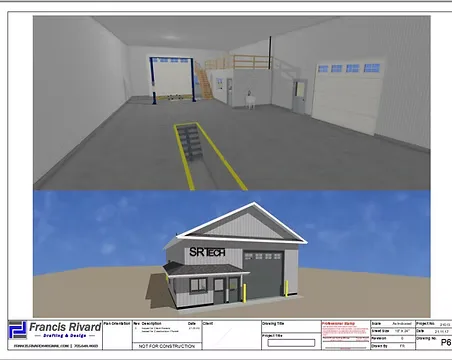 A 3D design render of a commercial service shop with drive-through bays and an interior mezzanine